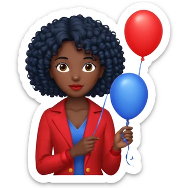 woman with curly black hair and dark face red costume, holding blue balloon sticker