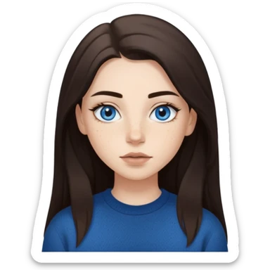 Сделай девушку с голубыми глазами, веснушками, с длинными тёмными волосами, пробором на бок, помадой темно - бежевой. Брови густые. Одежда - кофта чёрная sticker