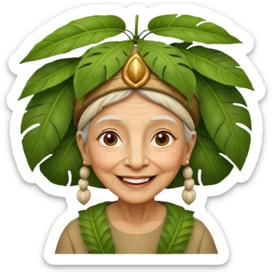 a old woman with jungle wearing a large leaf headgear bye  sticker