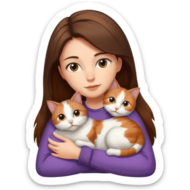 Brunette woman with long hair cuddling one short haired calico cat sticker