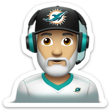 white bearded man wearing a black cap and a headset with a miami dolphins t-shirts sticker