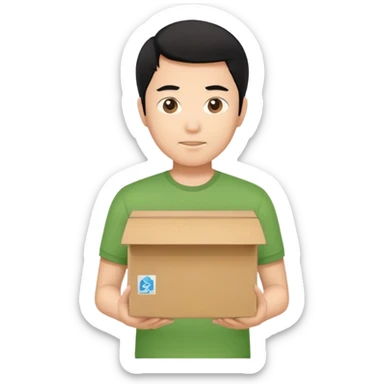 black haired asian man green shirt holding cardboard box sticker
