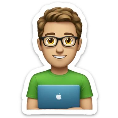 white young man with blue eyes and brown hair and square glasses wearing green t-shirt with laptop sticker