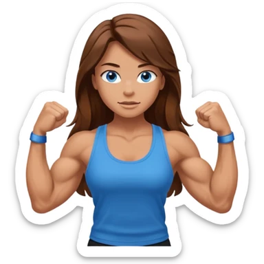 Girl with long brown hair, blue eyes and really muscular arms, flexing her muscles. Wearing a tank top sticker
