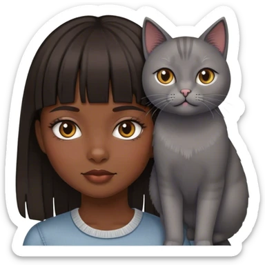 Dark Brown hair girl with fringe and a grey cat sticker