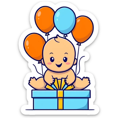 happy baby surrounded by pastel blue balloons and presents at birthday party sticker