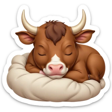 Meme-Worthy Cute Sleeping Domestic Bull Portrait Emoji, Head resting peacefully with a contented smile, showcasing a robust, muscular build and a luxuriously soft coat, eyes gently closed in serene, restful slumber, Simplified yet hilariously adorable features, highly detailed, glowing with a soft, drowsy natural light, high shine, relaxed and utterly lovable, stylized with an air of playful laziness, soft glowing outline, capturing the essence of a sleeping domestic bull that feels destined to become the next viral sensation of adorable rest! sticker