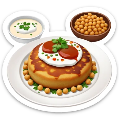 Aloo Tikki Chaat on a small plate with chickpeas, potato patty with yogurt and chutney sticker