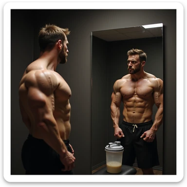 realistic bodybuilder man in cutting phase, standing shirtless in front of mirror, worried look at reflection, muscles slightly smaller and deflated, visible but less full veins, gym background with dim light, protein shaker on bench, expression of frustration or doubt sticker