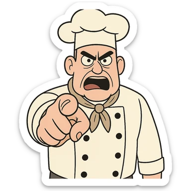 a chef with stern eyebrows, pointing directly at the viewer, drill sergeant attitude, 2D cartoon style sticker