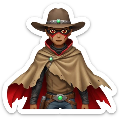 A rugged alien outlaw cowboy with scars and glowing red eyes, torn futuristic poncho, standing in a deserted alien town, dust blowing through empty streets, moody shadows, gritty sci-fi western realism
 sticker
