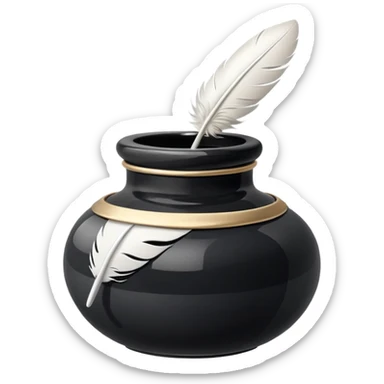 minimalistic vintage ink pot, white, with a graceful white feather quill, glossy finish, feather lightly curved and immersed in ink, black background, emoji style sticker