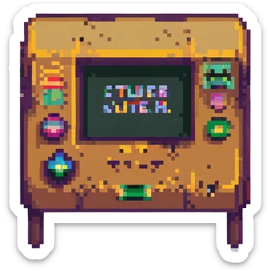 'STUer' written in pixel art, mimicking old video game title screens, bold and readable sticker