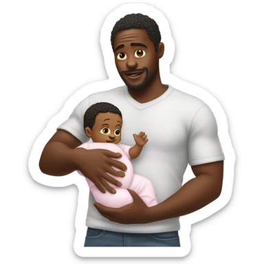 Black man holding baby oil and baby sticker