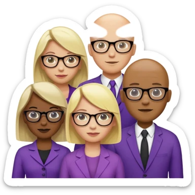 FIVE person team; 2 men and 3 women.  All dressed in yellow or purple.  Women have blonde and ash blonde hair.  1 man is black and bald, 1 man is caucasian and very little hair left.  All have glasses sticker