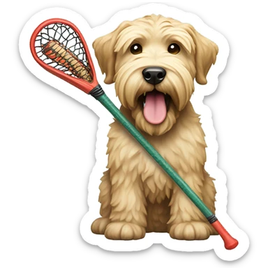 Wheaten terrier  holding a lacrosse stick in its mouth stick sticker