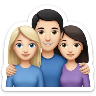 3 people. Throuple. Blank woman with blond hair and blue eye color on left. And also a blank man with black hair and grey eye color in the middle. And a blank woman with brown hair and grey eye color on the right. Holding each other sticker