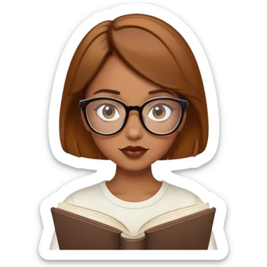 A caramel skin tone girl with short honey brown hair, over sized glasses brown lipgloss reading a book sticker