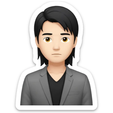 asian young man with long black hair on the forehead in grey blazer and black t-shirt  sticker