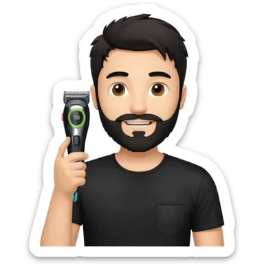 young handsome fair-skinned man with messy black hair and beard, smiling, wearing a black t-shirt, holding a single face beard trimmer in one hand, trimmer true to real size sticker