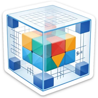 An icon featuring a transparent cube with geometric sections and mathematical calculations, symbolizing the study of mathematics. The design includes algebraic formulas, graphs, and mathematical symbols, representing advanced mathematical concepts and problem-solving. Transparent background sticker