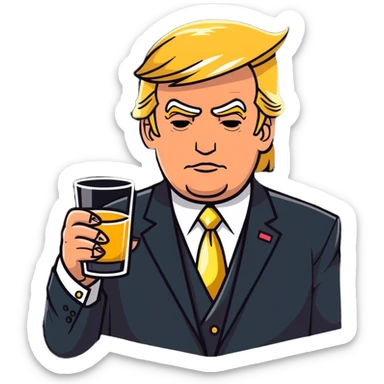 Trump in a suit, but with veneers, chains, and tattoos on his face. He is holding a glass in his hands. sticker