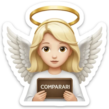 "An angel emoji with blonde hair, a halo, wings, holding a 'COMPARTILHAR' sign in bold letters." sticker