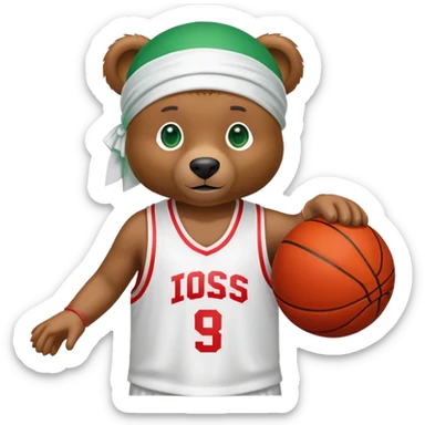 Cool brown bear with green eyes in a white silk durag and red basketball jersey showing just the top shoulders and collar, iOS emoji style sticker