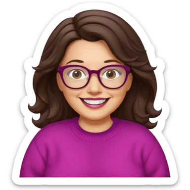 50 yr Caucasian woman, long dark brown hair parted on side, brown eyes, brown glasses, big smile, white teeth, fuscia sweater, chubby, wavy hair sticker