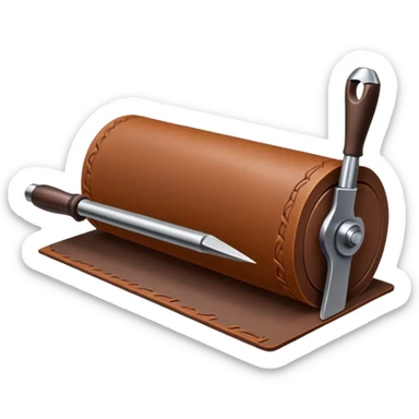 Leatherworking icon, partially unrolled raw leather roll, carving tools like engraver needle or chisel, stamp or press, textured surface, minimalistic style, clean lines, transparent background. sticker