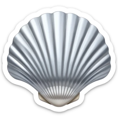 A seashell emoji made of polished silver chrome, smooth curved surface, reflective metallic highlights, elegant minimal design, iOS emoji style, centered, clean white background, soft lighting sticker