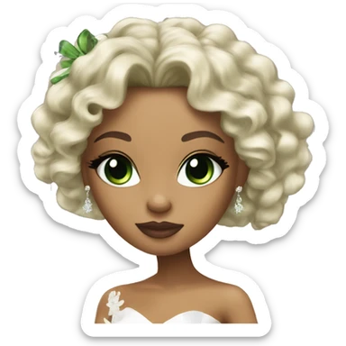Bratz, bride, black curly long hair, olive skin, green almond cat eyes sticker