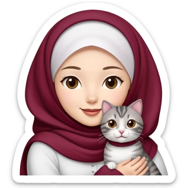 Asian white girl wearing  maroon hijab with white dress holding a black grey tabby cat while smiling sticker