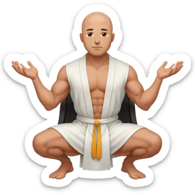 fullbody jacked bald guy, sleeveless and unbuttoned in full white robe sitting without chair and hands down sticker