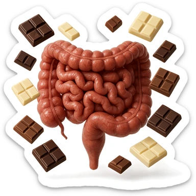 pezzetti di cioccolato fondenti, al latte e bianchi fluttuano intorno ad un intestino umano anatomico realistico, IPERREALISTICO 4K sticker