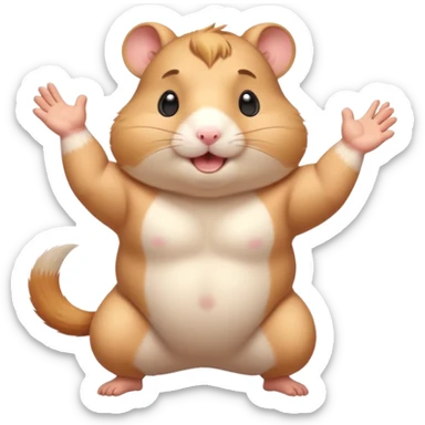 Cute chubby cartoon-style hamster flexing tiny arms like a bodybuilder, sparkles around it, triumphant expression. Painterly shading, white background, sticker-style illustration. sticker