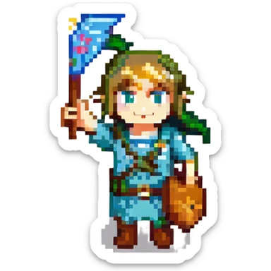 Pixel art Link from Zelda, waving and saying bonjour, retro video game style sticker