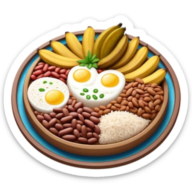 Cinematic Realistic Bandeja Paisa Dish Emoji, depicted as a hearty platter featuring beans, rice, meat, and plantains rendered with detailed textures and vibrant, robust lighting. sticker