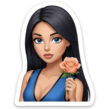 Glamours, tanned, very beautiful girl, with big pump peach-beige-rose lips, long lashes, black straight smooth silky long hair, straight parting hair, blue-grey eyes, black v-neck vest sticker