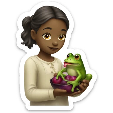 A little girl and a frog mixed together eating a plum sticker