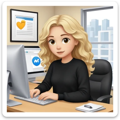 pretty brown-eyed blonde young woman with wavy hair, wearing a black sweater, working on a computer in a cozy office sticker