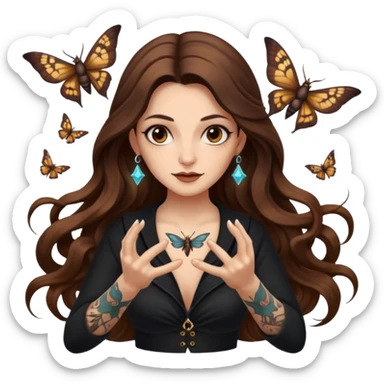night witch woman long wavy brown hair tattoos spinning moth from fingers sticker
