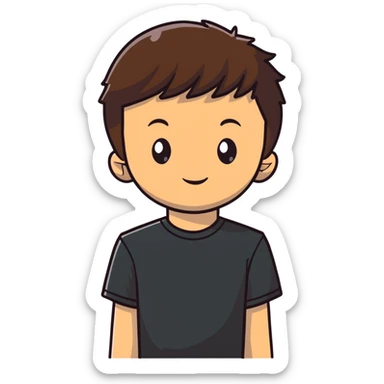 boy with straight short brunette hair brown eyes black tshirt on and tree behind sticker