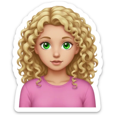 Blonde girl with dirty blonde curly long hair in a pink long sleeve shirt with green eyes portrait sticker
