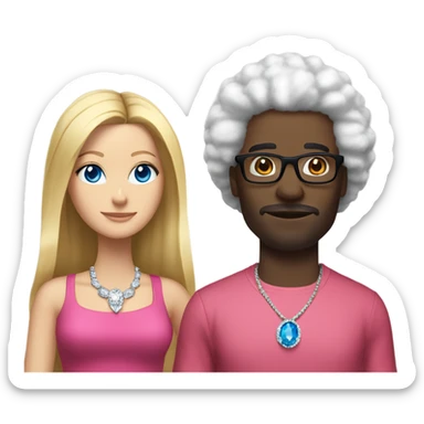 “black man with black afro and glasses and wearing a red shirt standing next to a white woman with long blonde hair with blue eyes wearing a pink dress and a big diamond necklace” sticker
