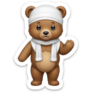 Full-body standing brown bear wearing a white durag on its head, cute emoji style sticker