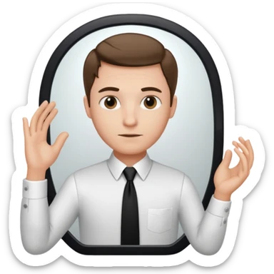 A man looking into a mirror holding his hand. He should be facing the mirror. He should be wearing a white dress shirt and a black tie. sticker