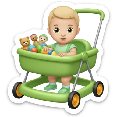 green baby walker with toys on it and on baby sticker