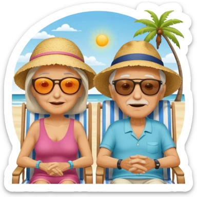 an emoji that shows elderly one woman and one man, both are retired and are lying in sun-chairs at the beach to recover from retiring-stress sticker