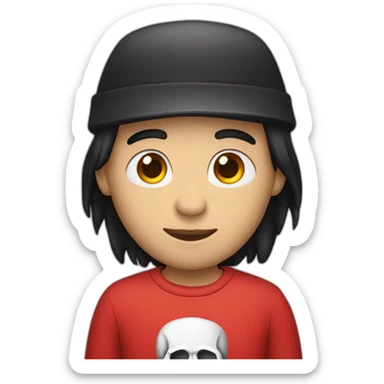 A person with black hair, a red hat, a back shirt, and a skull  sticker
